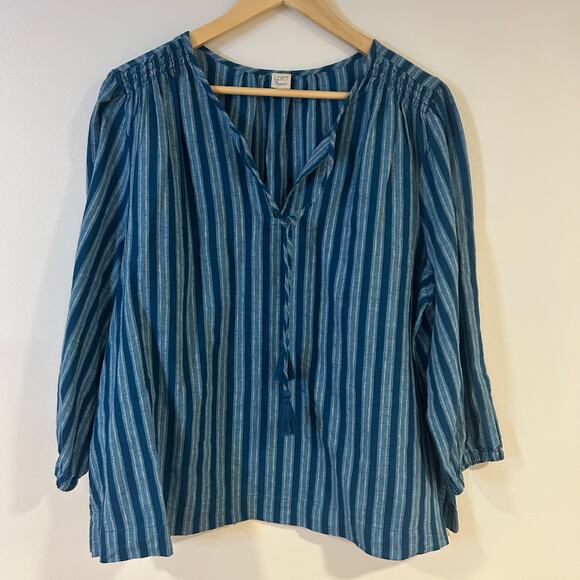 LOFT BEACH Sz XL Blue Linen Blend Oversized Comfort Beach Shirt Tassels Summer - Picture 1 of 9